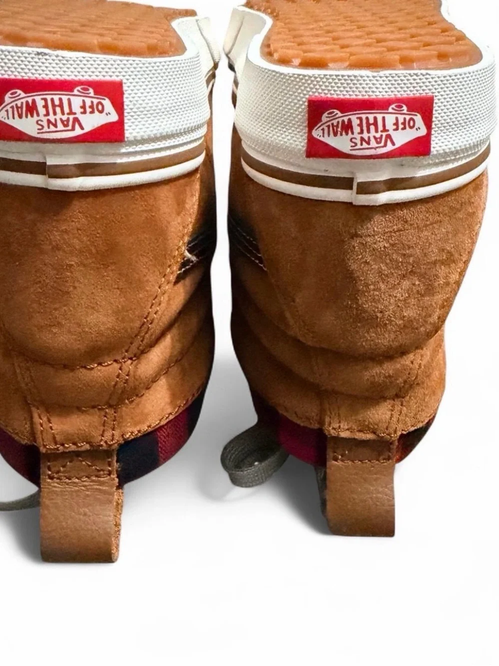 Vans Brown Suede High-Top Sneakers with Red Plaid Collar